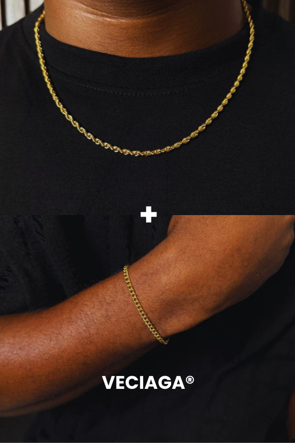Chaine Rope + Bracelet cuban couleur or - VECIAGA®