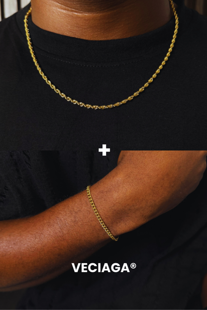 Chaine Rope + Bracelet cuban couleur or - VECIAGA®