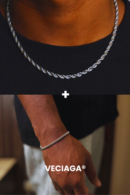 Chaine Rope + Bracelet cuban couleur argent - VECIAGA®