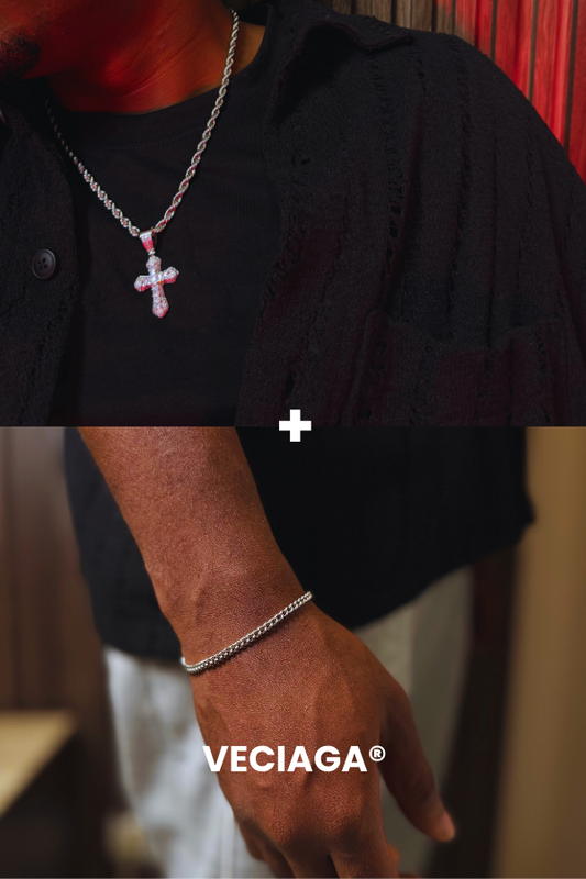 Chaine crucifix + Bracelet cuban couleur argent - VECIAGA®