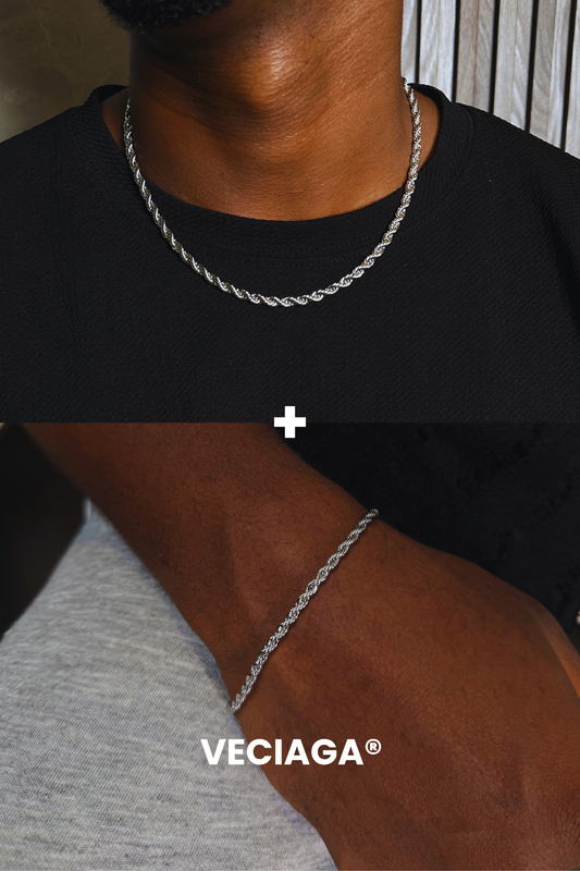 Chaine + Bracelet 3MM Rope couleur Argent - VECIAGA®